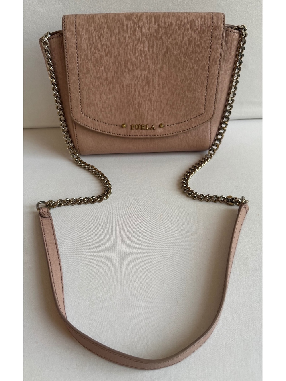 Furla Pink Beige Genuine Leather Chain Crossbody Shoulder Bag #967964
